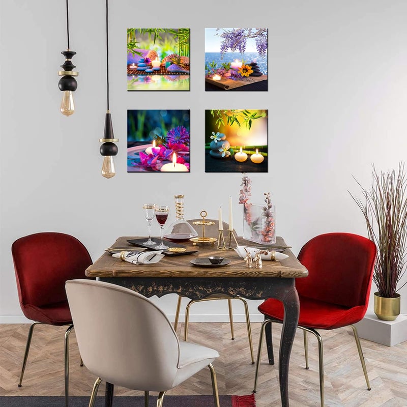 iHAPPYWALL Canvas Prints Zen Art Wall Decor Spa Massage Treatment Painting Picture Orchid Flower Frangipani Bamboo Flaming Candle Print On Canvas 4 Panel Ready to Hang 12''x12''x4pcs - Image 5